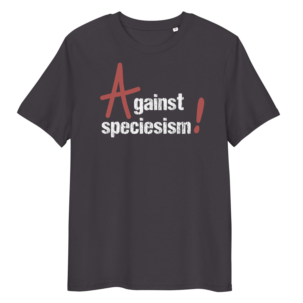 Dunkelgraues Bio-Baumwoll-T-Shirt mit weißem und rotem Aufdruck Against speciesism.