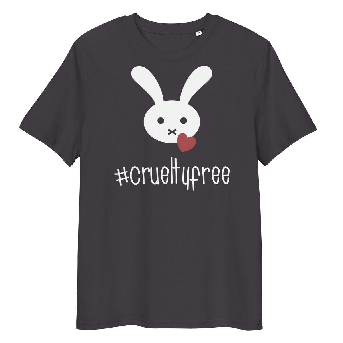 Dunkelgraues Bio-Baumwoll-T-Shirt mit weißem Hasen-Motiv, rotem Herz und #crueltyfree Schriftzug.