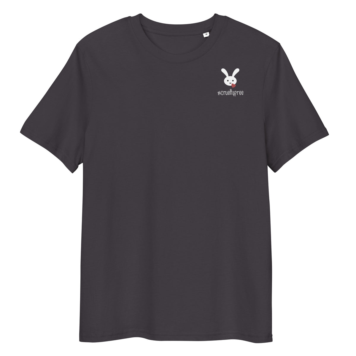 Dunkelgraues Bio-Baumwoll-T-Shirt mit kleinem Hasen-Logo und #crueltyfree-Schriftzug auf der Brust.