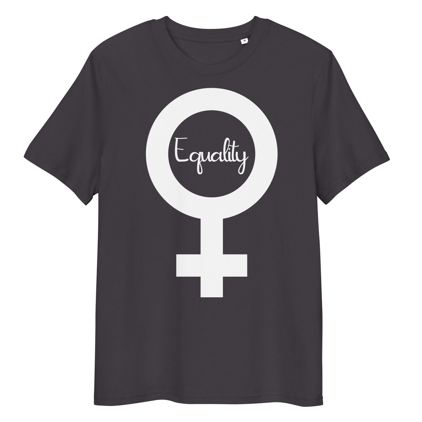 Dunkelgraues Bio-Baumwoll-T-Shirt mit weißem Feminismus-Symbol und Equality-Schriftzug im Siebdruck.