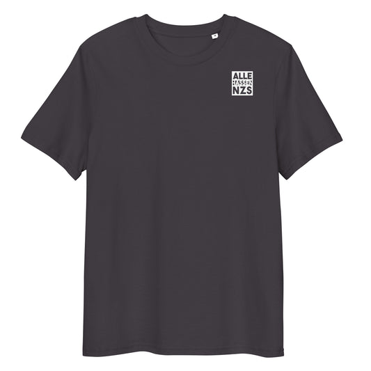 Schwarzes T-Shirt mit rundem Halsausschnitt und kleinem Print „ALLE HASSEN NZS“
