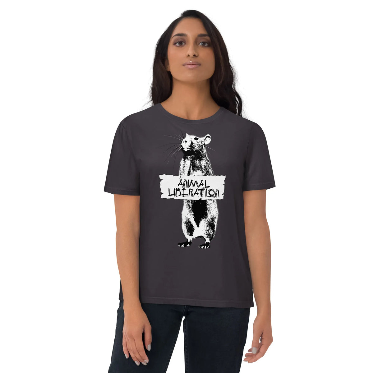 Schwarzes T-Shirt mit Rattenmotiv und Aufdruck „ANIMAL LIBERATION“