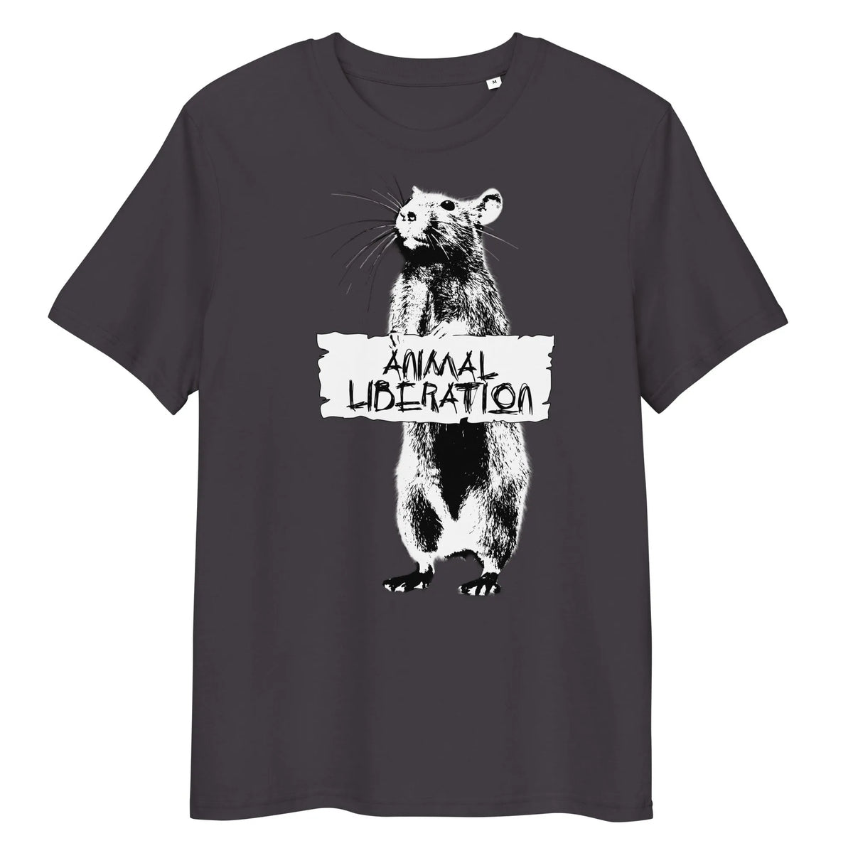 T-Shirt in Dunkelgrau mit Rattenmotiv und Aufdruck „ANIMAL LIBERATION“ vorne