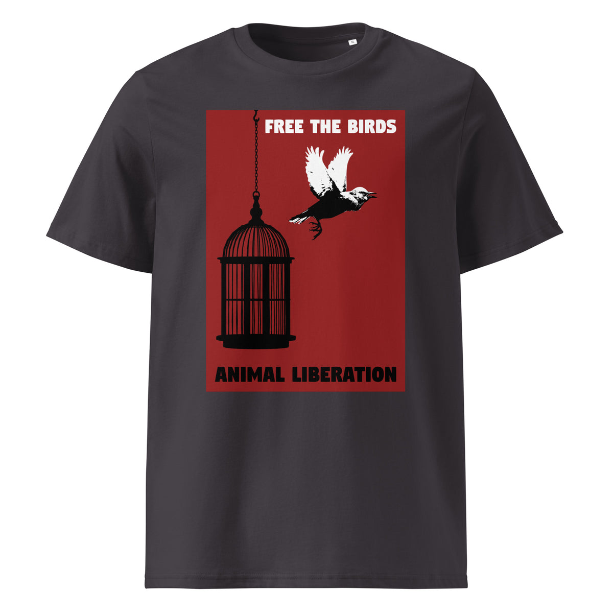 Anthrazitfarbenes T-Shirt mit Vogel-im-Käfig-Print und Aufschrift „FREE THE BIRDS“