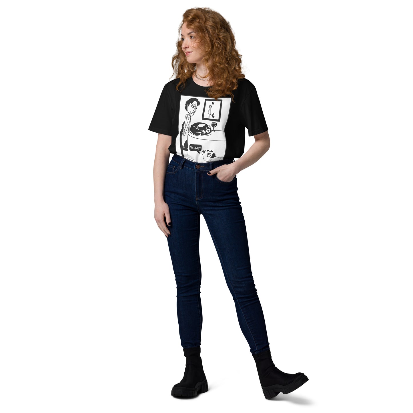Schwarzes Bio-Baumwoll-T-Shirt mit Piggy-Print, gerader Schnitt, Rundhalsausschnitt und hochwertiger Verarbeitung.