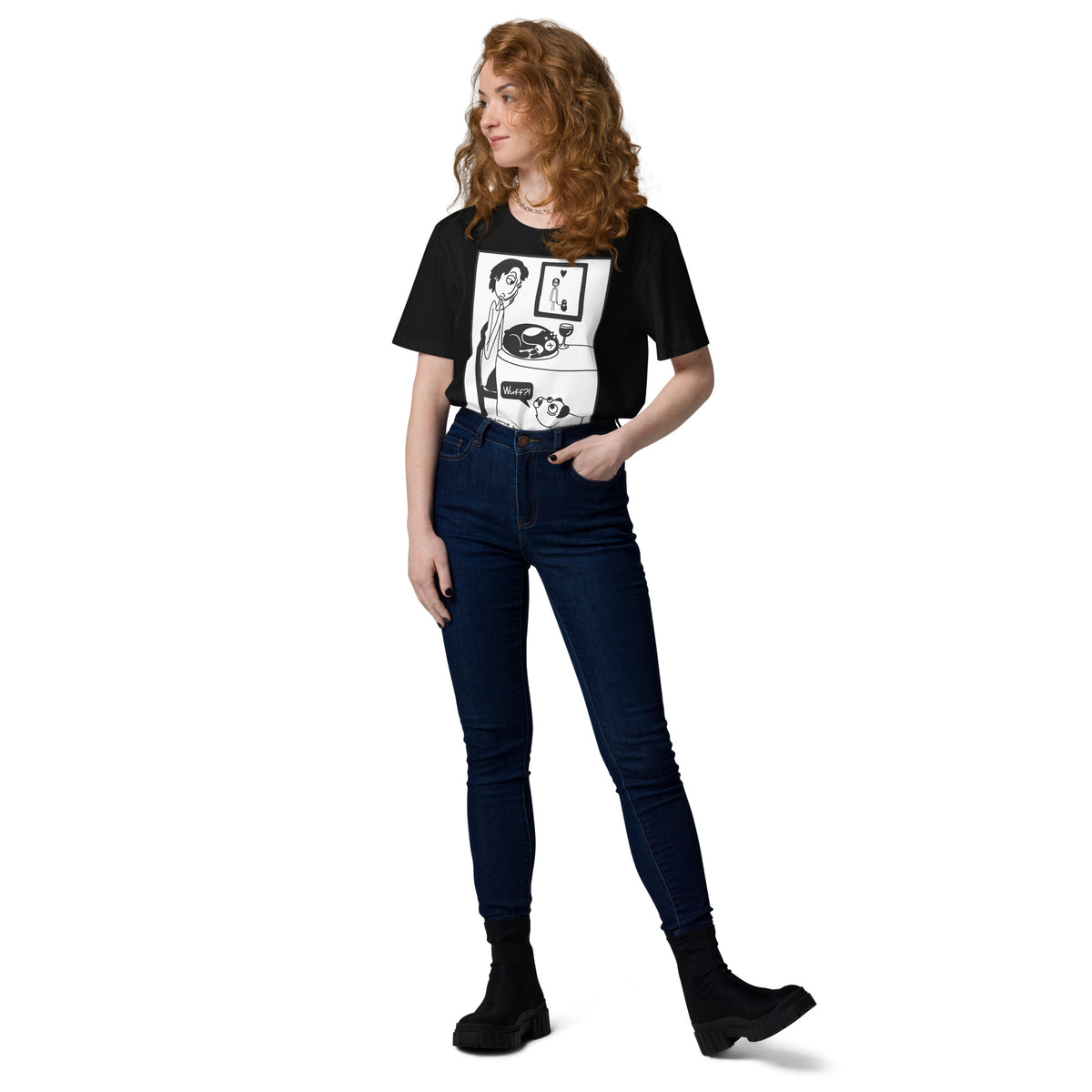 Schwarzes Bio-Baumwoll-T-Shirt mit Piggy-Print, gerader Schnitt, Rundhalsausschnitt und hochwertiger Verarbeitung.