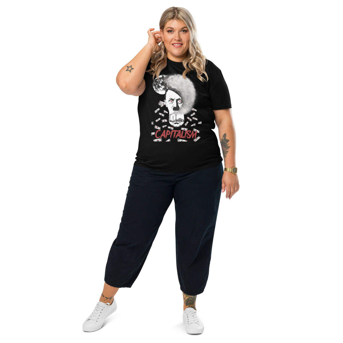 Unisex-T-Shirt in Schwarz mit großem Grafikprint „CAPITALISM“