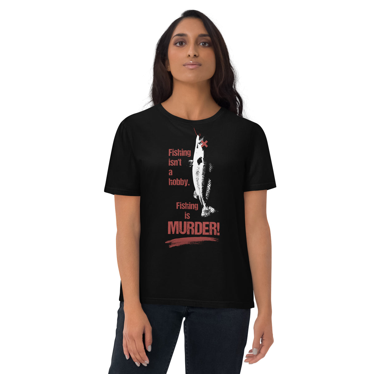 Schwarzes Bio-Baumwoll-T-Shirt mit weißem Fisch-Motiv und rotem Schriftzug Fishing is MURDER! für Tierschutz-Aktivisten.