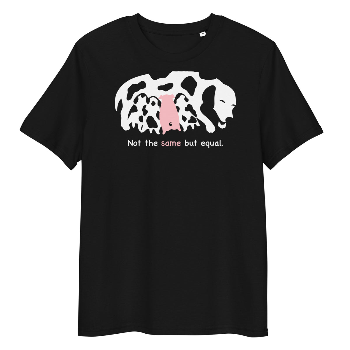 Schwarzes Bio-Baumwoll-T-Shirt mit Tiermotiv und dem Schriftzug Not the same but equal.