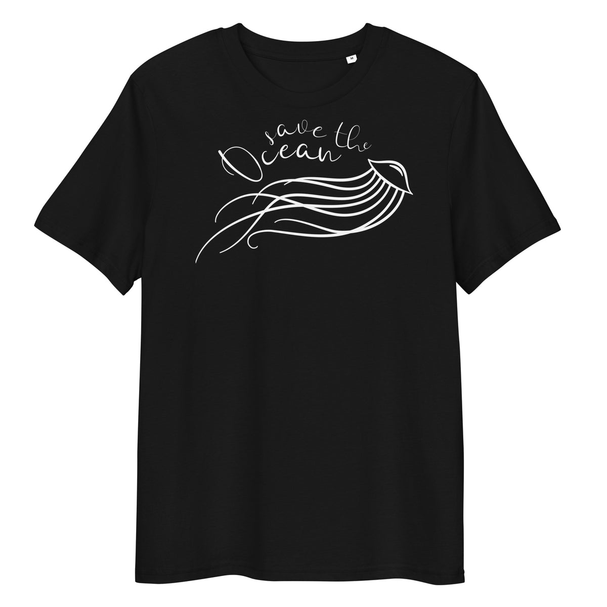 Schwarzes Bio-Baumwoll-T-Shirt mit weißem „Save the Ocean“-Quallen-Druck und klassischem Rundhalsausschnitt.