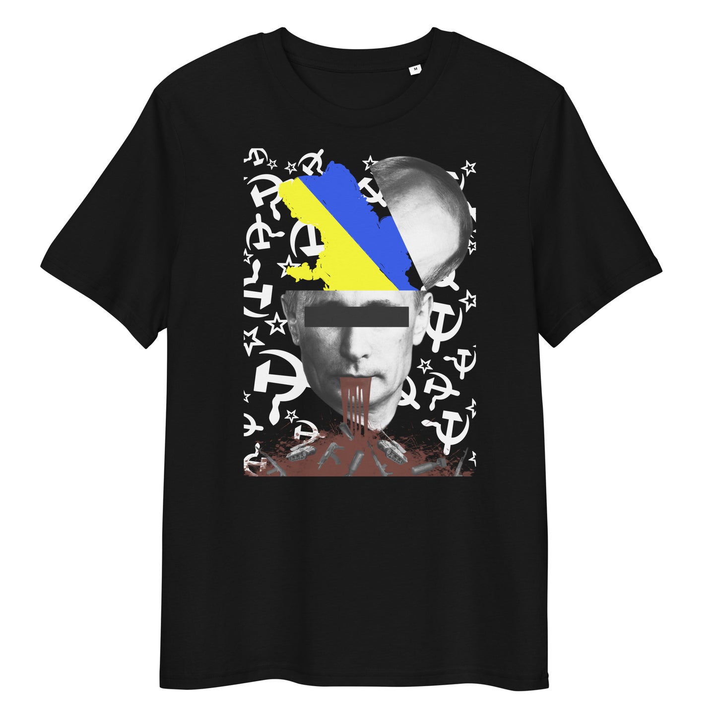 Schwarzes Bio-Baumwoll-T-Shirt mit STOP WAR Grafik, Ukraine-Flagge und politischem Motiv auf Single-Jersey-Stoff.