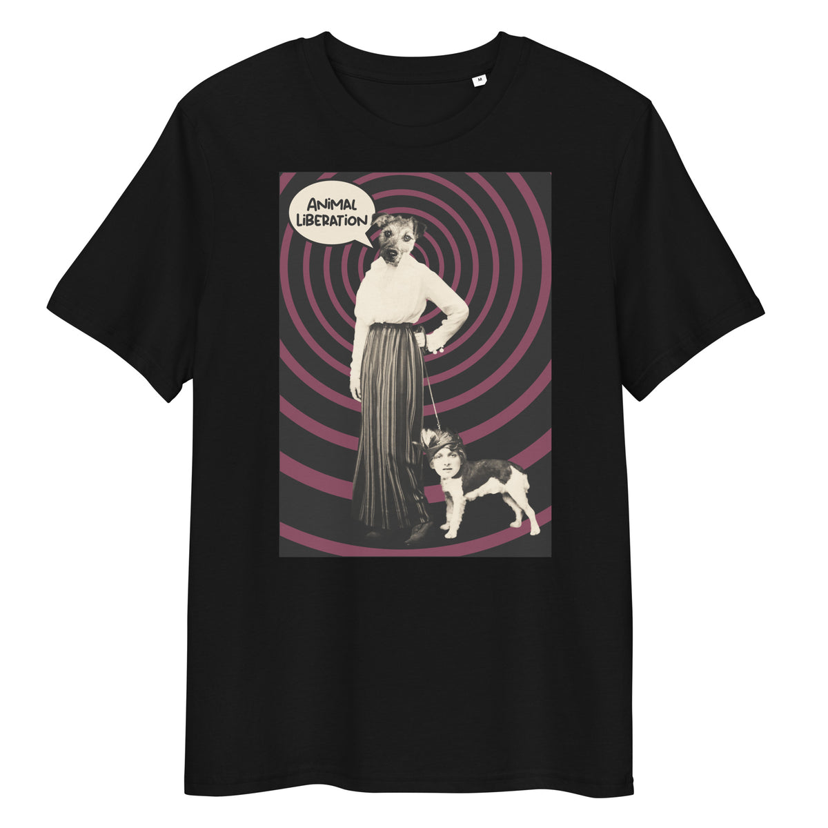 Schwarzes Bio-Baumwoll-T-Shirt mit Ladydog-Print, Sprechblase „Animal Liberation“ und lila Spiral-Hintergrund.