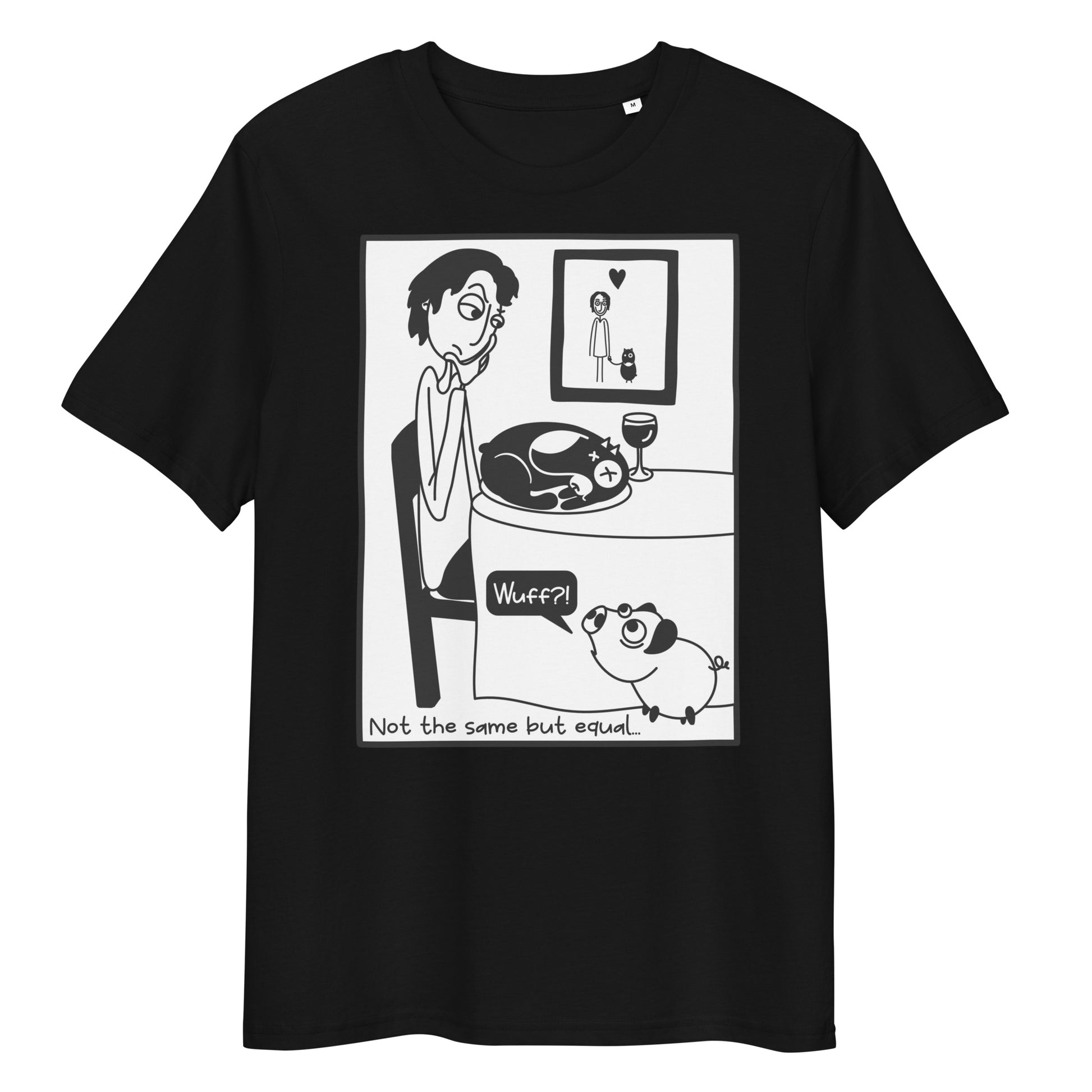 Schwarzes Bio-Baumwoll-T-Shirt mit Piggy-Comic-Print und dem Schriftzug Not the same but equal.