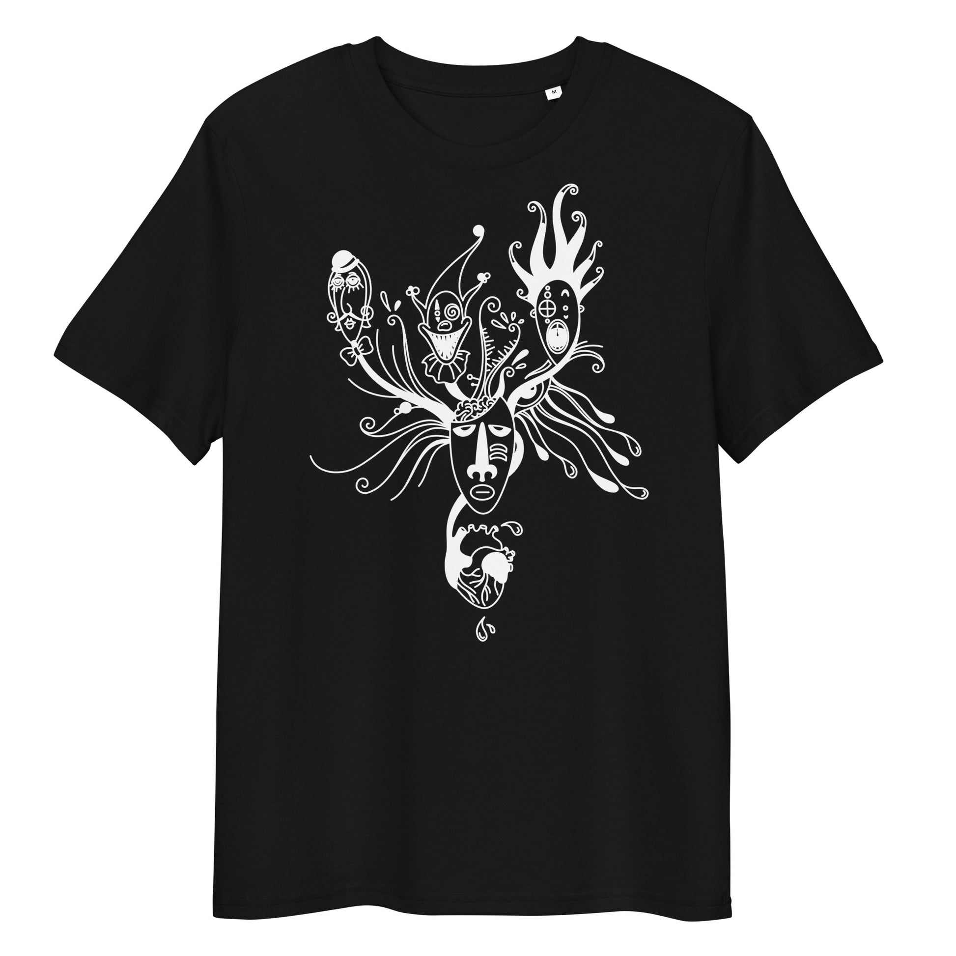 Schwarzes Bio-Baumwoll-T-Shirt mit weißem Mental Health „Behind the Mask“ Grafikdruck und Rundhalsausschnitt.