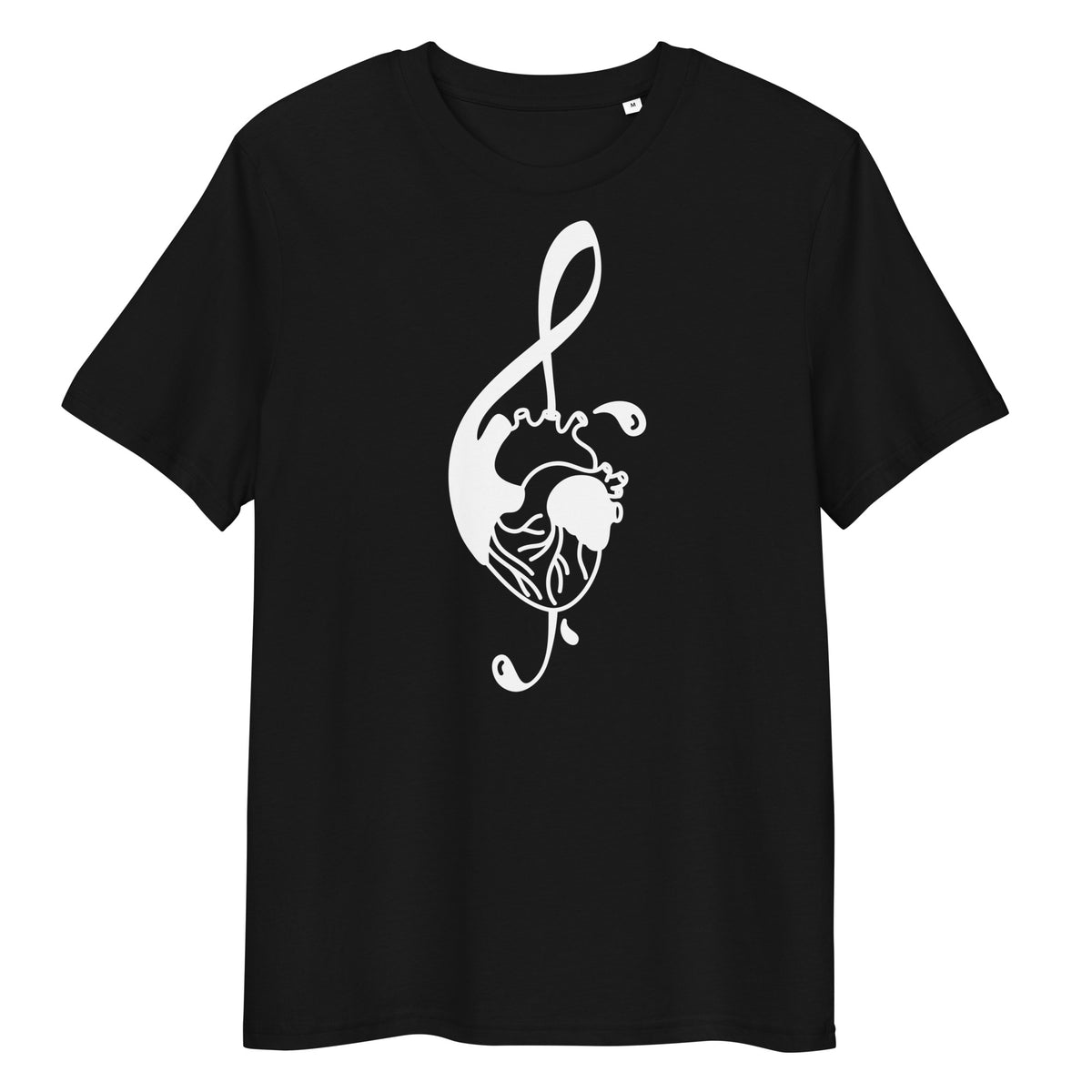 Schwarzes Bio-Baumwoll-T-Shirt mit weißem Notenschlüssel-Herz-Druck, Rundhalsausschnitt und klassischer Passform.