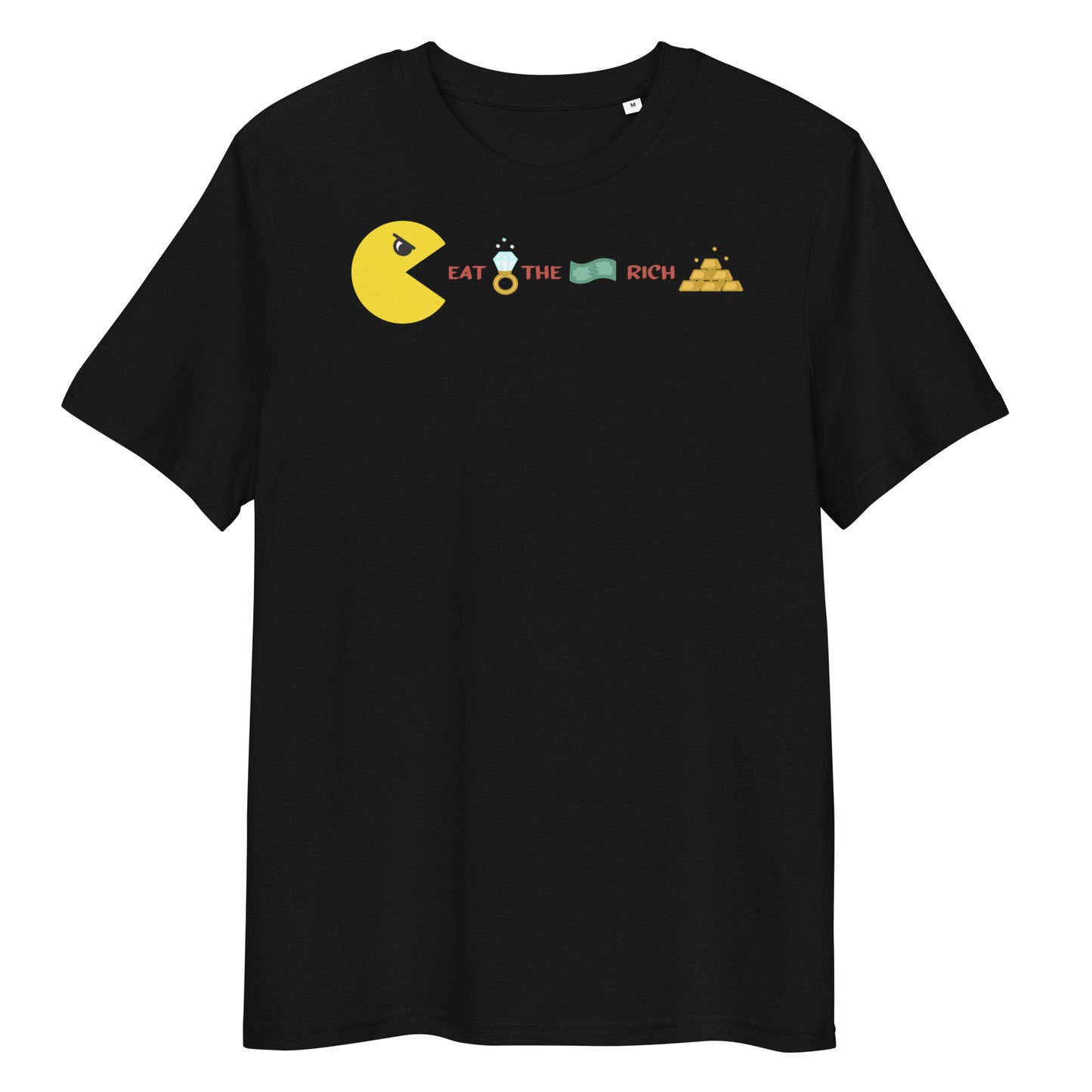 Schwarzes Bio-Baumwoll-T-Shirt mit gelbem Pac-Man-Print und dem Slogan Eat the Rich in mittlerer Passform.