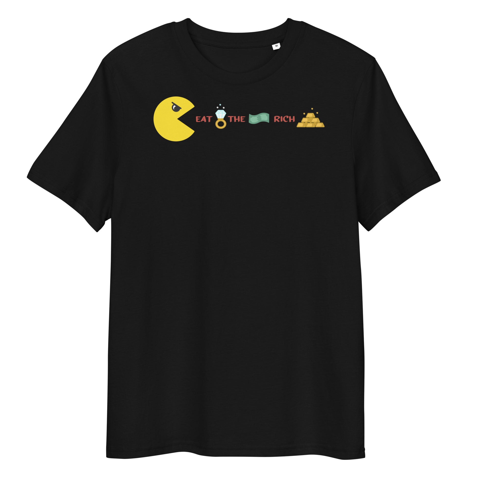Schwarzes Bio-Baumwoll-T-Shirt mit gelbem Pac-Man-Print und dem Slogan Eat the Rich in mittlerer Passform.
