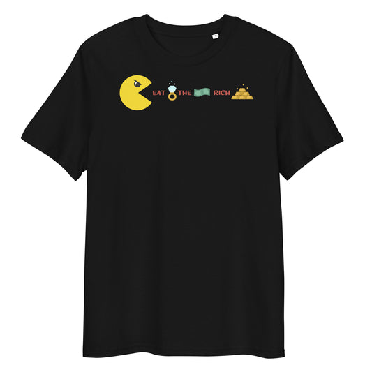 Schwarzes Kurzarmshirt mit Pac-Man-Motiv und Aufdruck „Eat the Rich“