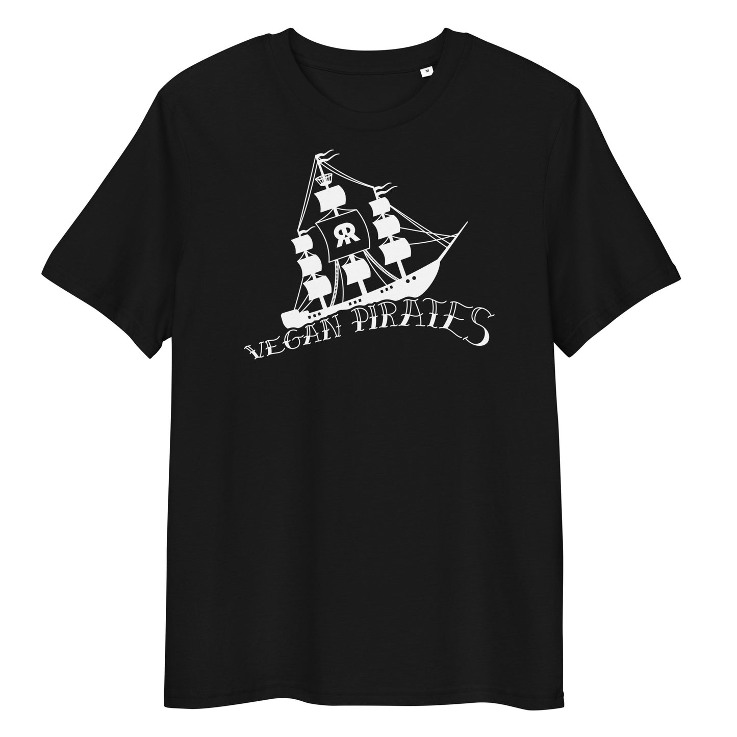 Schwarzes Bio-Baumwoll-T-Shirt mit weißem Vegan Pirates Segelschiff-Druck und Rundhalsausschnitt.
