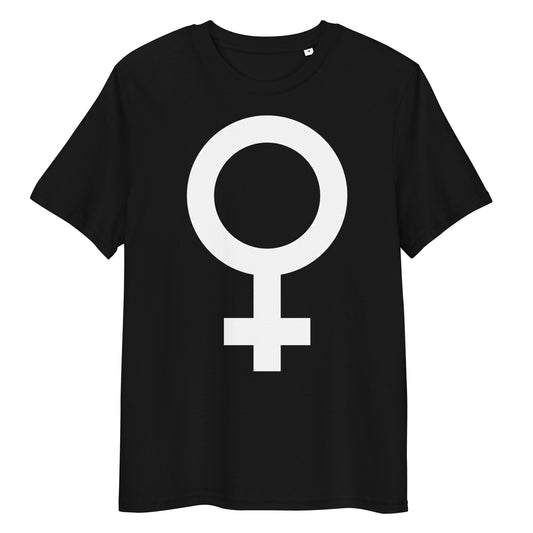 Veganes Bio-T-Shirt, schwarz, Frontprint mit weiblichem Symbol in Weiß