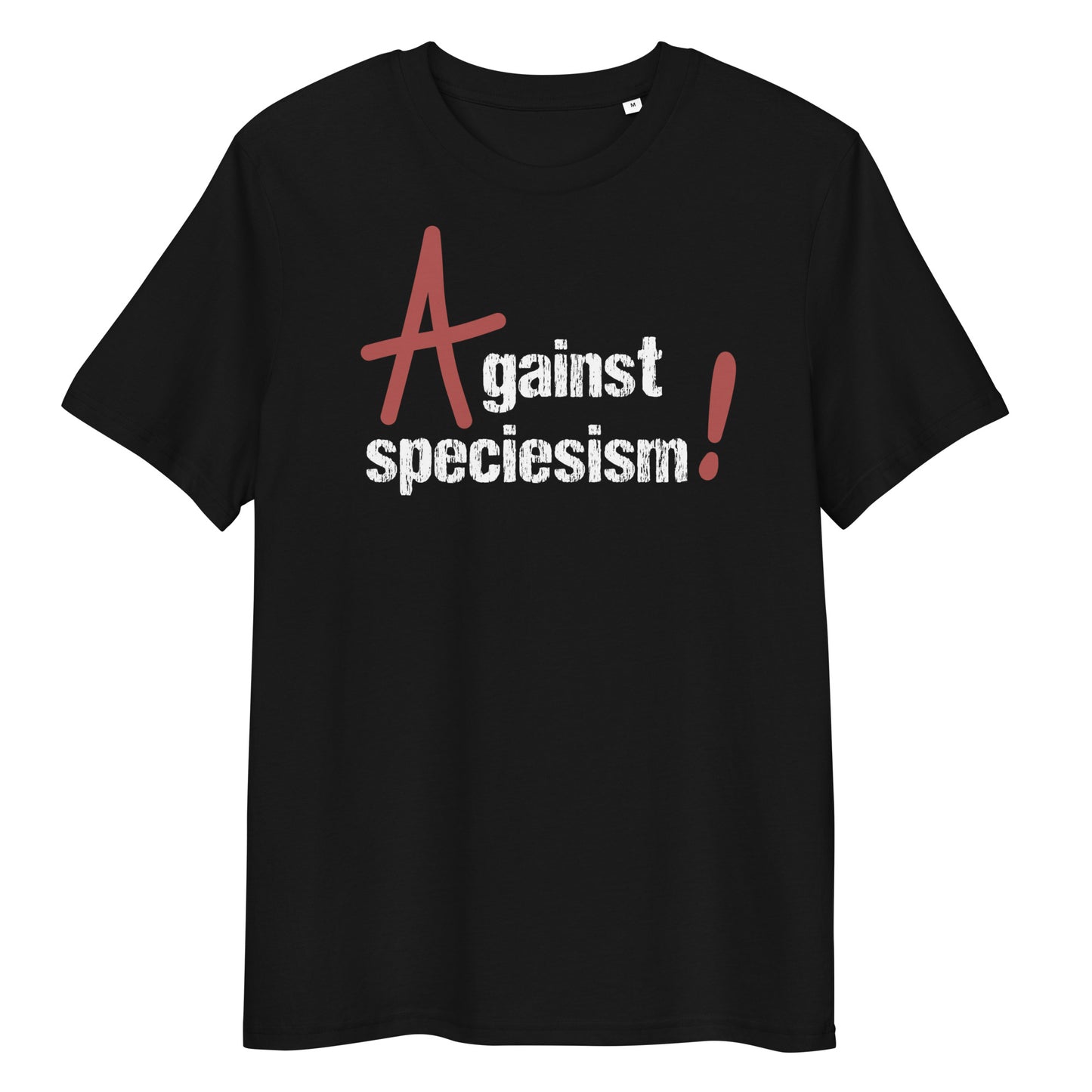 Schwarzes Bio-Baumwoll-T-Shirt mit weißem und rotem Aufdruck Against speciesism im Used-Look.