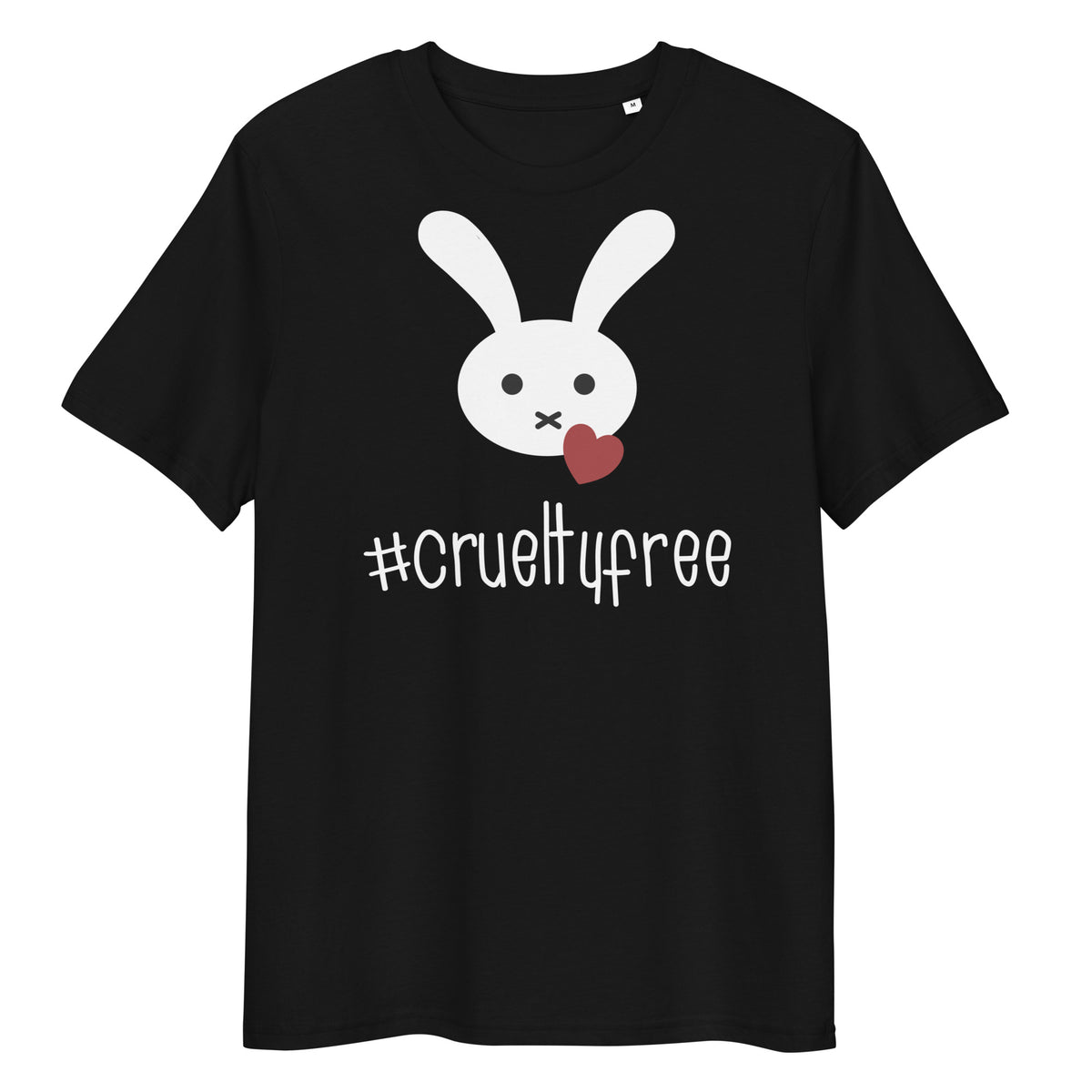 Schwarzes Bio-Baumwoll-T-Shirt mit weißem Hasen-Motiv, rotem Herz und #crueltyfree Schriftzug.