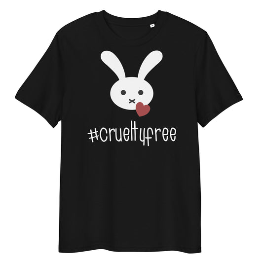 Schwarzes Bio-Baumwoll-T-Shirt mit weißem Hasen-Motiv, rotem Herz und #crueltyfree Schriftzug.