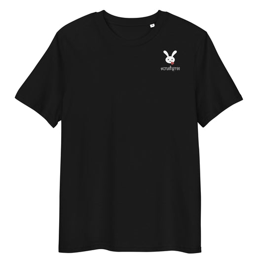 Schwarzes Bio-Baumwoll-T-Shirt mit kleinem weißen Hasen-Logo und #crueltyfree Schriftzug auf der Brust.