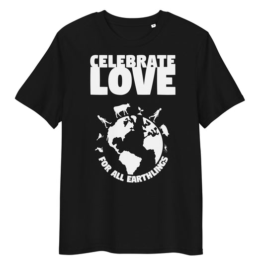 Schwarzes T-Shirt mit Aufdruck „CELEBRATE LOVE“ und Weltmotiv