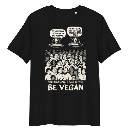 Schwarzes T-Shirt mit Alien-Print und Schriftzug „BE VEGAN“