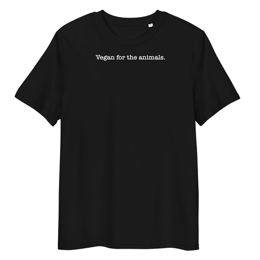 Schwarzes T-Shirt mit Aufdruck „Vegan for the animals.“