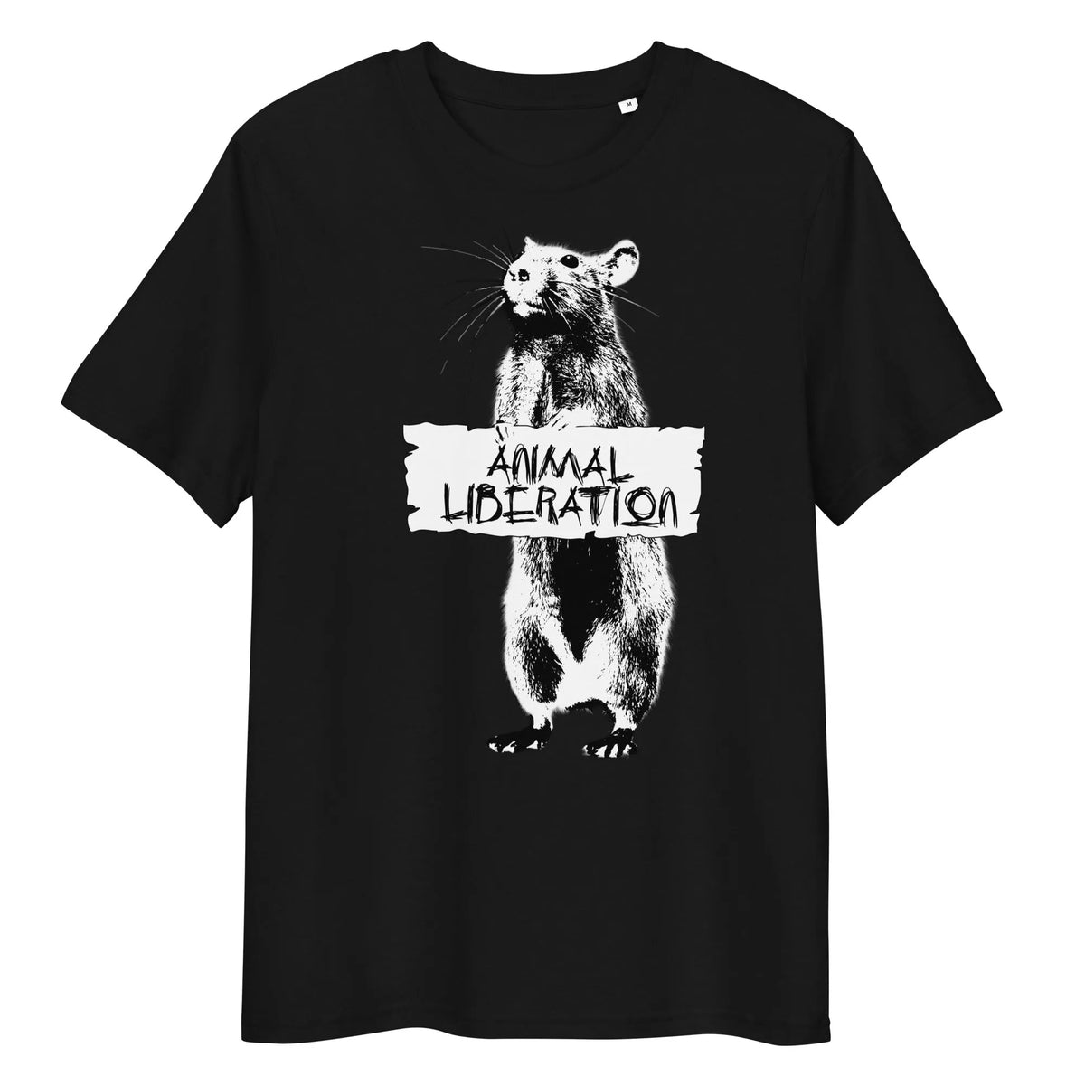 T-Shirt in Schwarz mit Rattenmotiv und Aufdruck „ANIMAL LIBERATION“ vorne