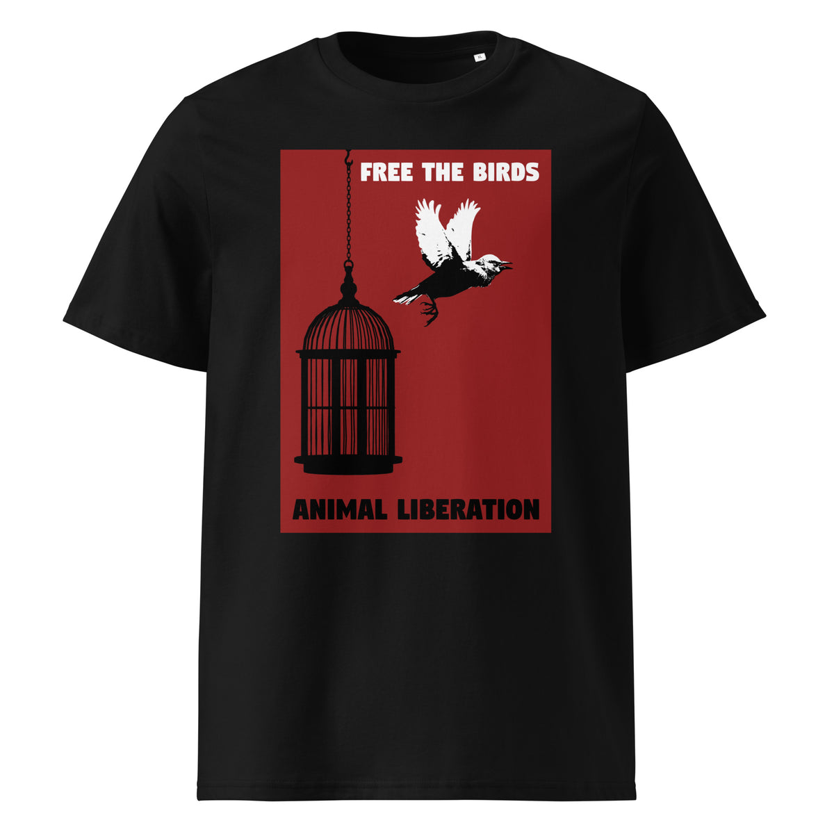 Schwarzes T-Shirt mit Vogel-im-Käfig-Print und Aufschrift „FREE THE BIRDS“