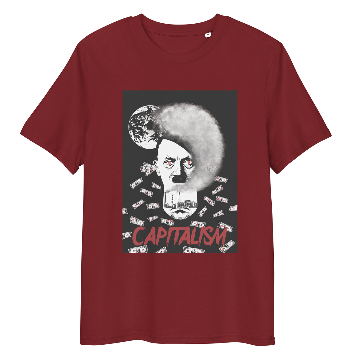 Unisex-T-Shirt, dunkelrot, Rundhalsausschnitt, kurzärmelig, Frontdruck mit Grafik
