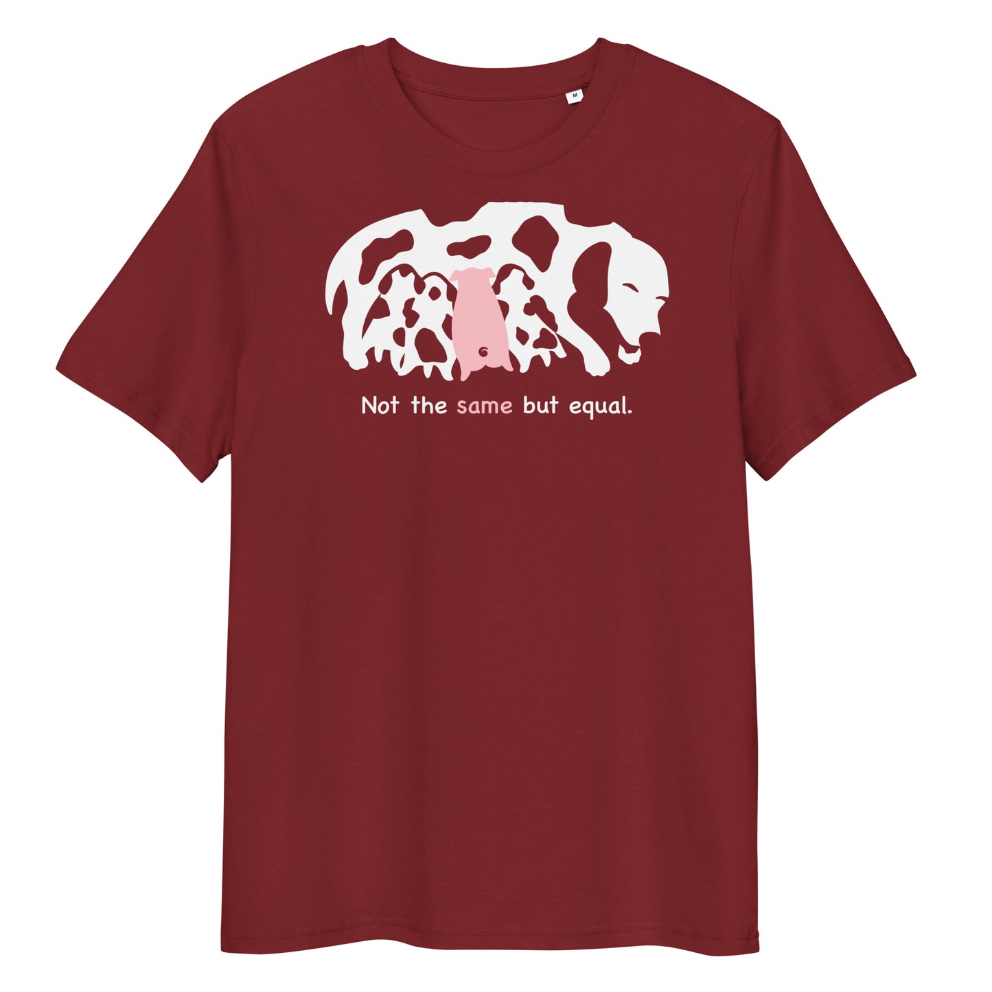 Dunkelrotes Bio-Baumwoll-T-Shirt mit weißem Hund- und rosa Schwein-Motiv sowie dem Schriftzug Not the same but equal.
