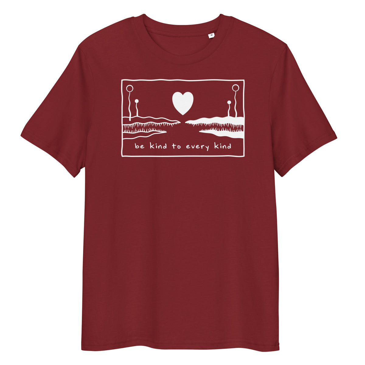 Dunkelrotes Bio-Baumwoll-T-Shirt mit weißem „Be kind to every kind“-Herz-Print und klassischem Rundhalsausschnitt.