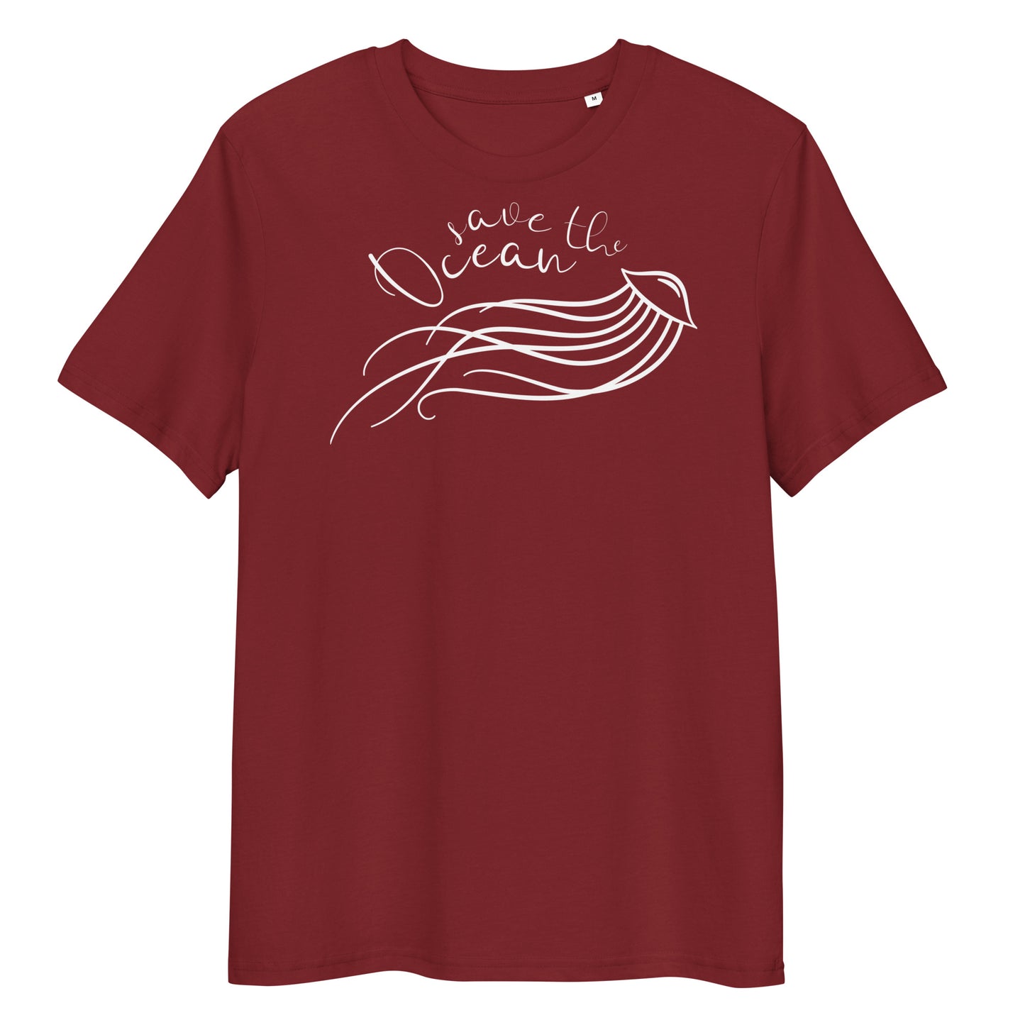 Dunkelrotes Bio-Baumwoll-T-Shirt mit weißem „Save the Ocean“-Aufdruck und Quallen-Grafik im Brustbereich.