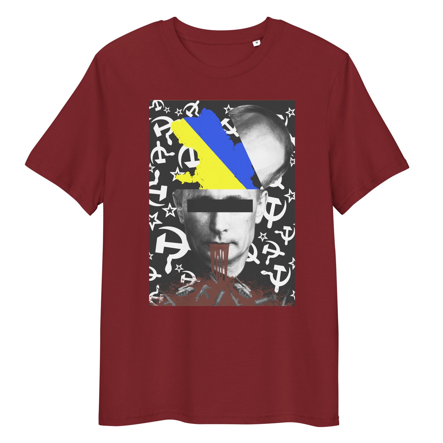 Dunkelrotes Bio-Baumwoll-T-Shirt mit politischem Grafikdruck, Ukraine-Flagge und Hammer-und-Sichel-Muster.