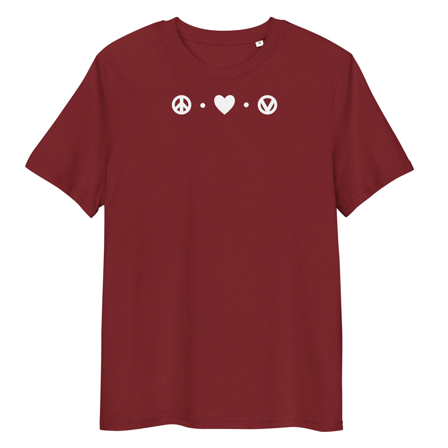Dunkelrotes Bio-Baumwoll-T-Shirt mit weißem Peace-Herz-Vegan-Aufdruck auf der Brust.