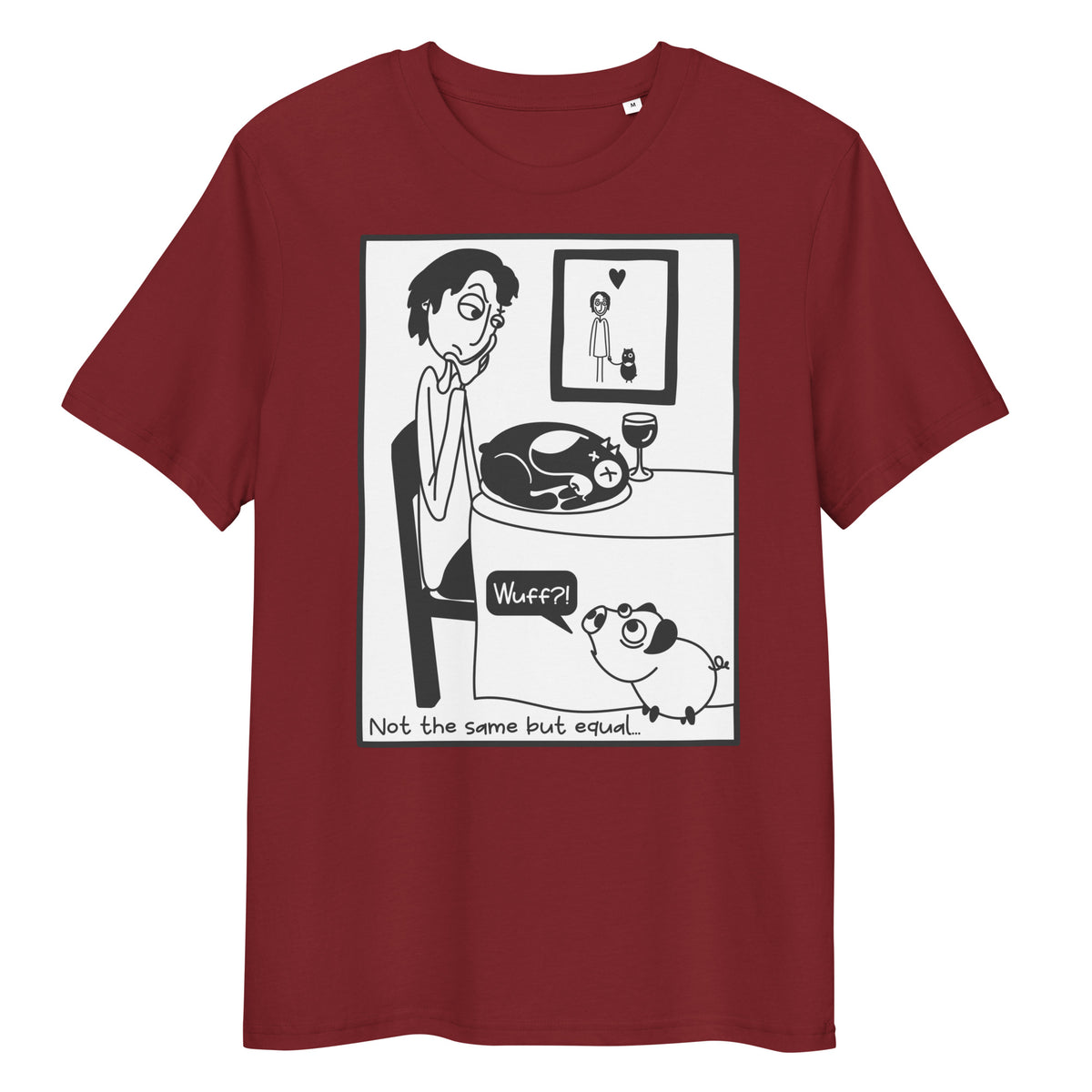 Dunkelrotes Bio-Baumwoll-T-Shirt mit Piggy-Comic-Print und dem Slogan Not the same but equal.