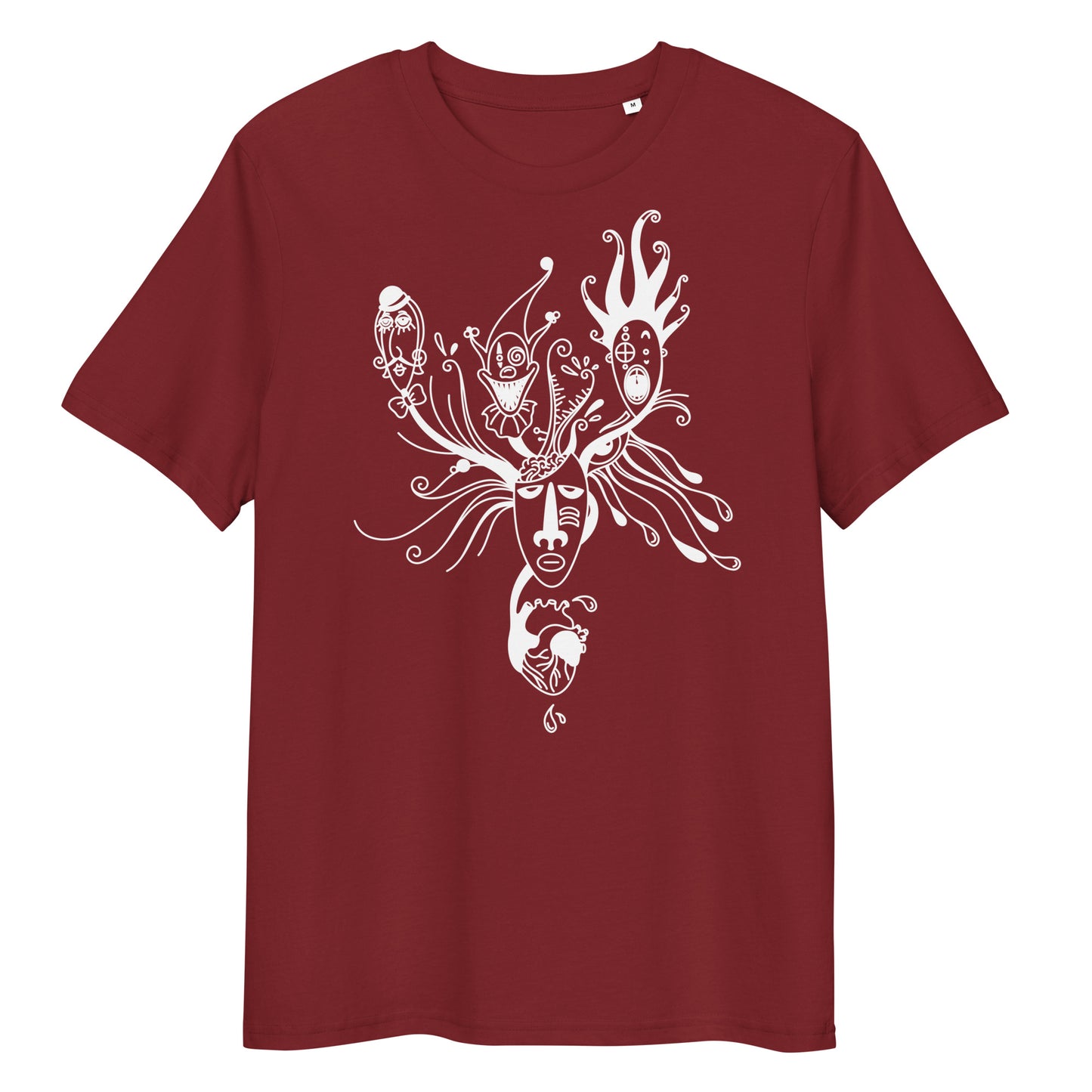Dunkelrotes Bio-Baumwoll-T-Shirt mit weißem Mental Health „Behind the Mask“ Grafikdruck und Rundhalsausschnitt.