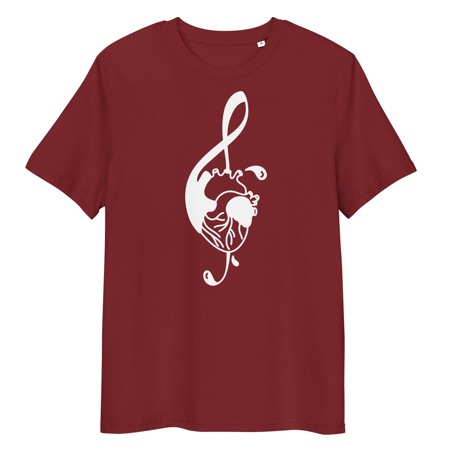 Dunkelrotes Bio-Baumwoll-T-Shirt mit weißem Notenschlüssel-Herz-Druck, Rundhalsausschnitt und klassischer Passform.