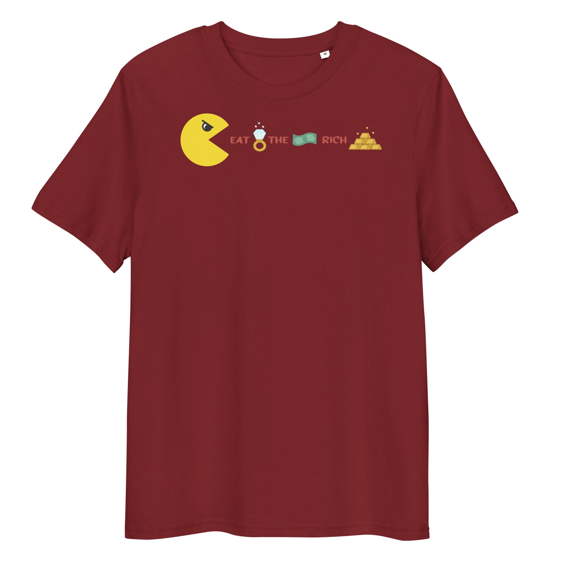 Dunkelrotes Bio-Baumwoll-T-Shirt mit Pac-Man-Grafik und dem Schriftzug Eat the Rich.