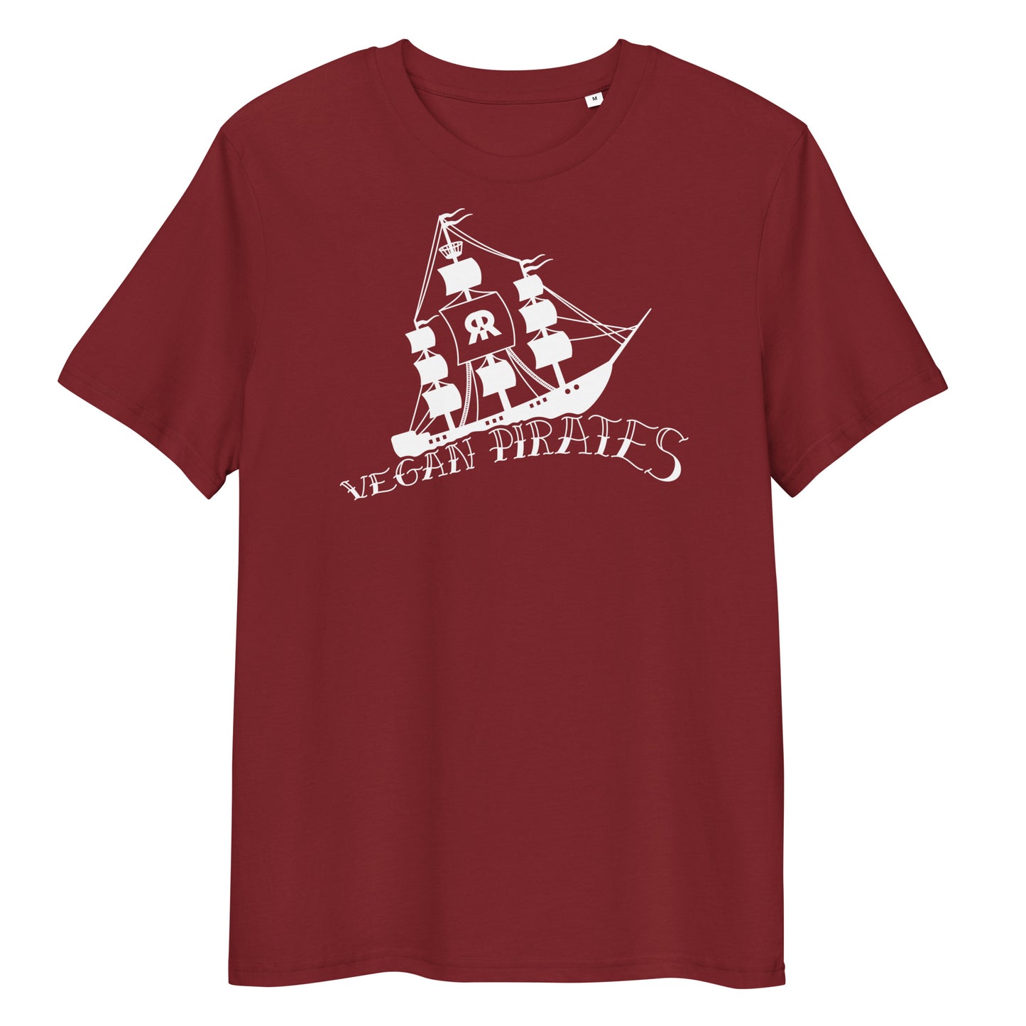 Dunkelrotes Bio-Baumwoll-T-Shirt mit weißem Vegan Pirates Segelschiff-Druck und Rundhalsausschnitt.