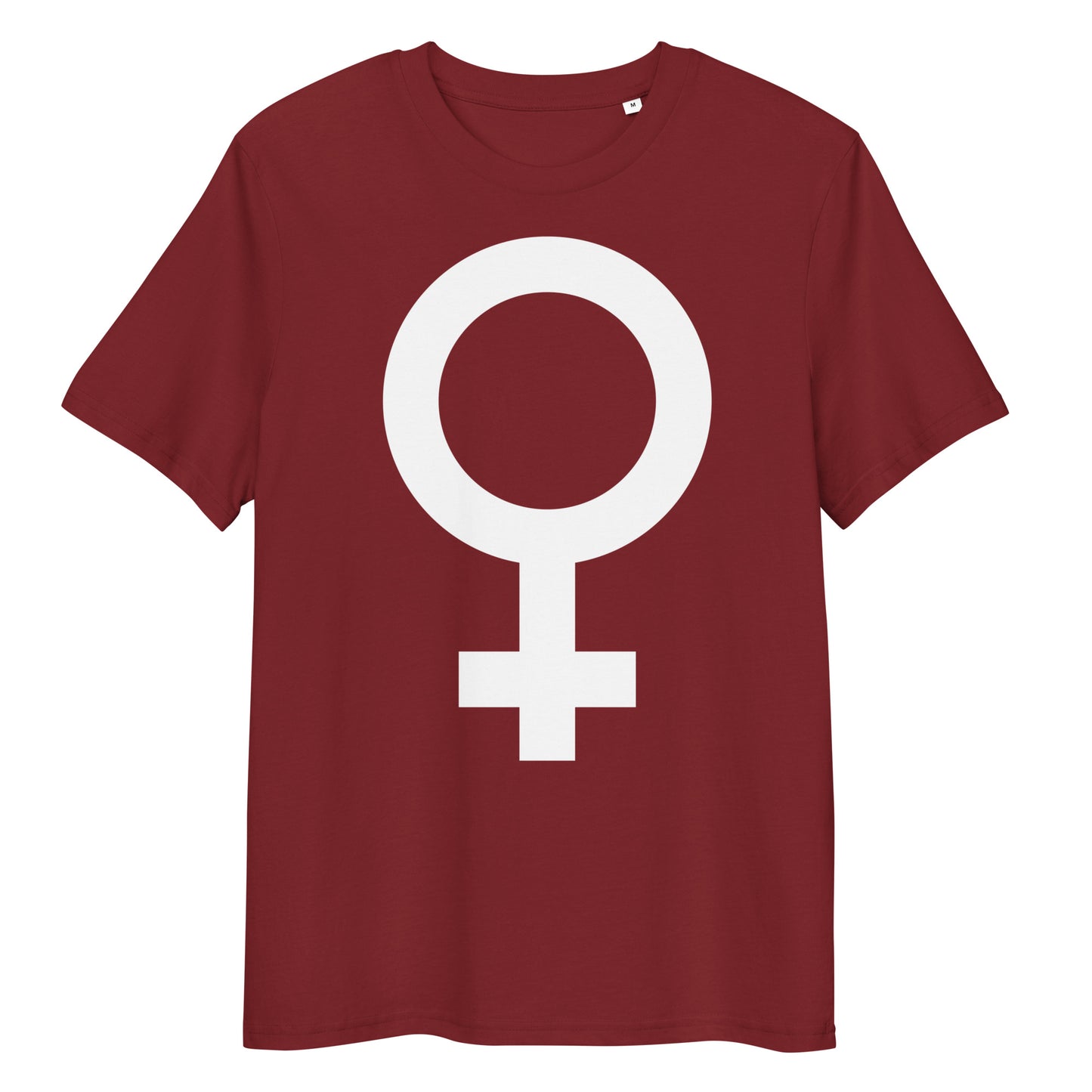 Dunkelrotes Bio-Baumwoll-T-Shirt mit weißem Feminismus-Symbol als Front-Print, mittlere Passform.