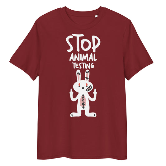 Burgundy T-Shirt mit Aufdruck „STOP ANIMAL TESTING“ und weißem Hasenmotiv