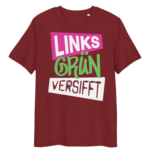 Burgunderes T-Shirt mit Rundhalsausschnitt und Schriftprint „LINKS GRÜN VERSIFFT“