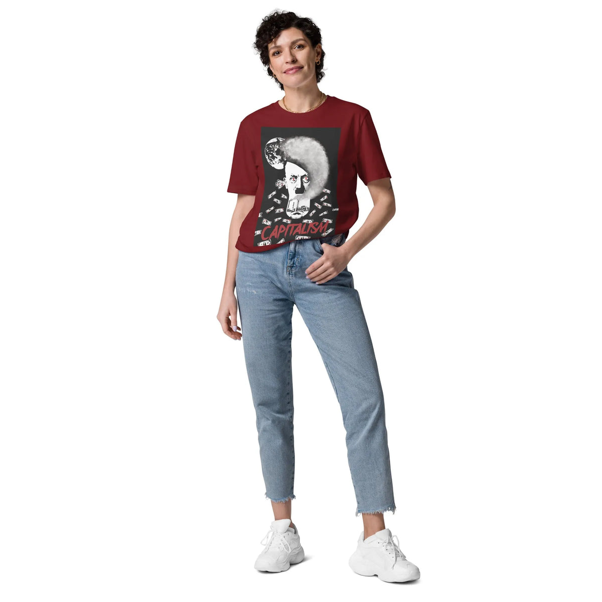 Burgunderrotes T-Shirt mit Rundhalsausschnitt und Grafik „CAPITALISM“