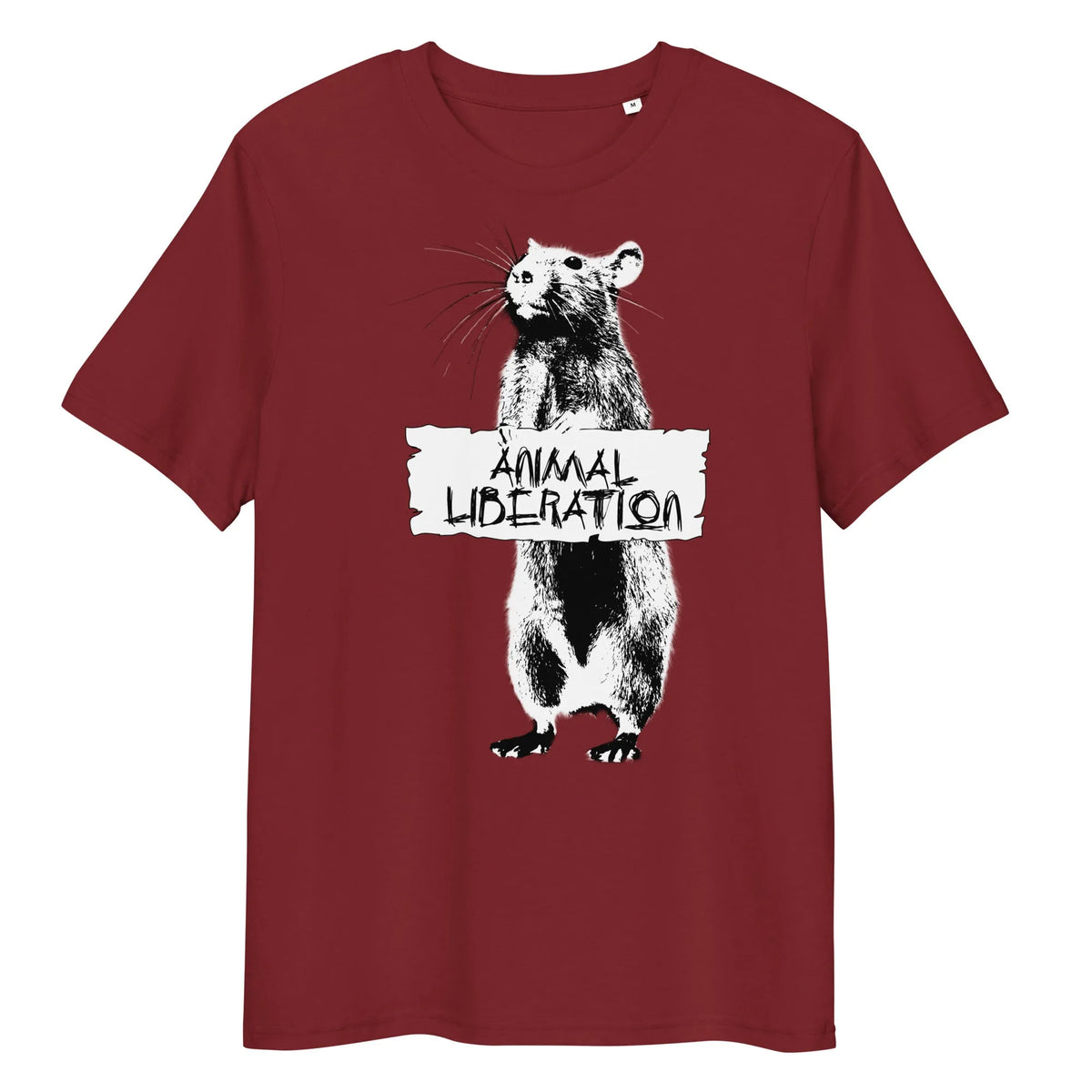 T-Shirt in Burgunderrot mit Rattenmotiv und Aufdruck „ANIMAL LIBERATION“ vorne