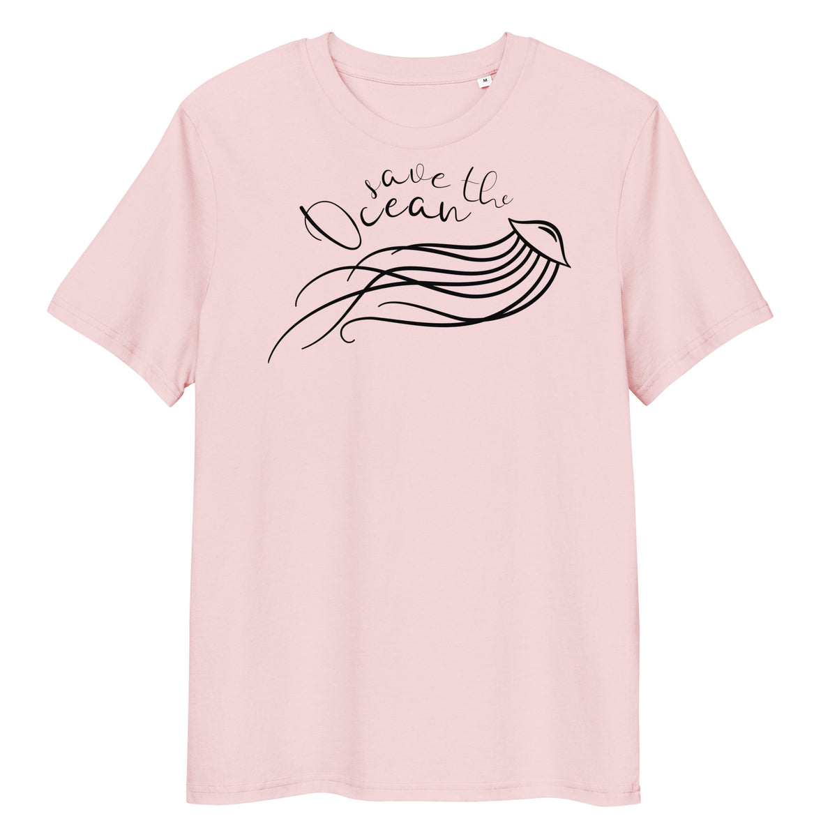 Hellrosa Bio-Baumwoll-T-Shirt mit schwarzem Quallen-Aufdruck und dem Schriftzug Save the Ocean.